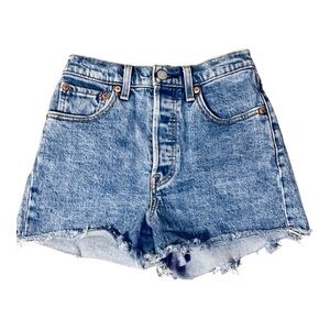 Levis Shorts Women’s 24 Premium Blue Jean Denim Ribcage Button Fly BIG E Raw hem
